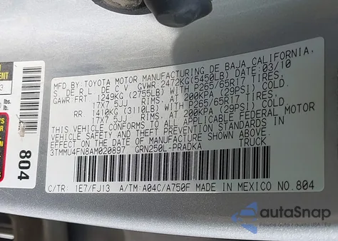 2010 Toyota Tacoma Base V6 z USA, uszkodzony, nr VIN 3TMMU4FN8AM020897